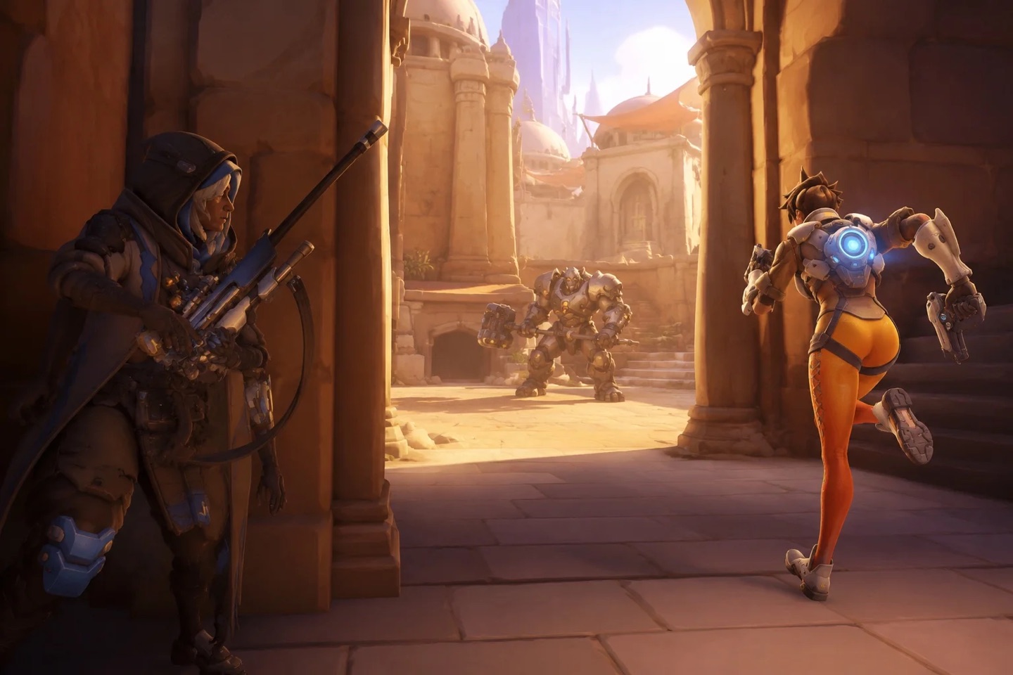 Fan illustration of Ana and Tracer using connected cover near the frontline